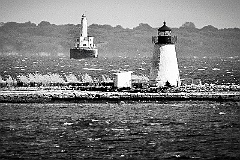 Bird Island Lighthouse with Cleveland Ledge Light Behind -BW